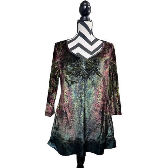 Forest Fairy Y2K Reptile Print Hippie Boho Velvet Sz L 3/4 Sleeve Blouse - Picture 1 of 11